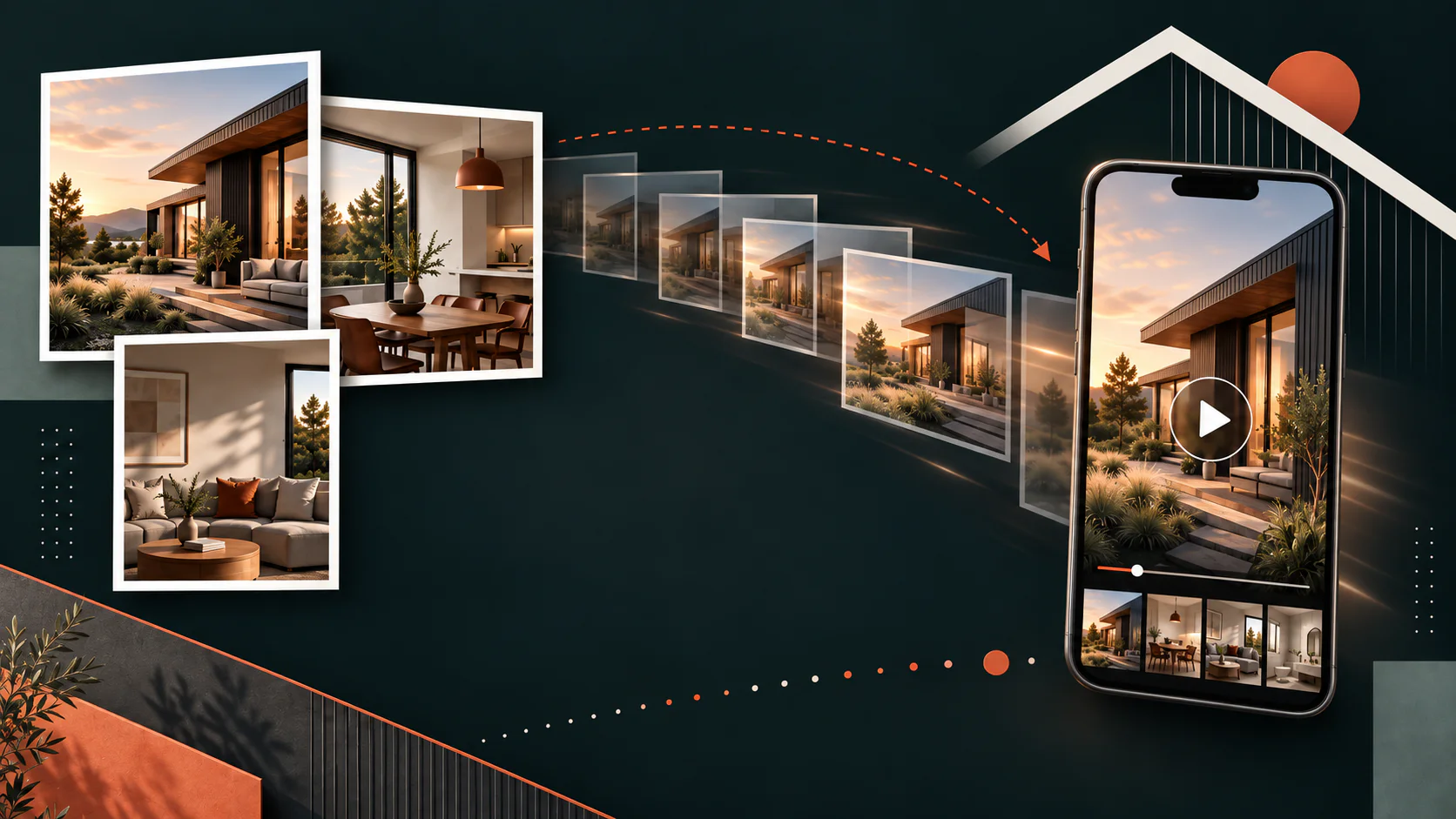 Property listing photos flowing into a finished video displayed on a phone